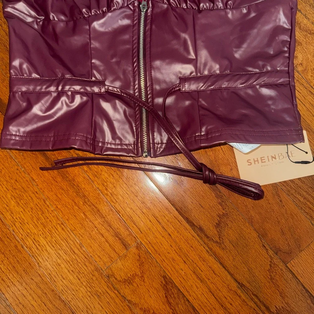 NWT SHEIN Burgundy Faux Leather Drawstring Corset Crop Top - Picture 5 of 7